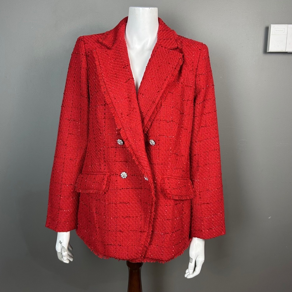 TALBOTS Tweed Blazer Jacket Size 12 Double Breasted Red Holiday NWT Cabochon